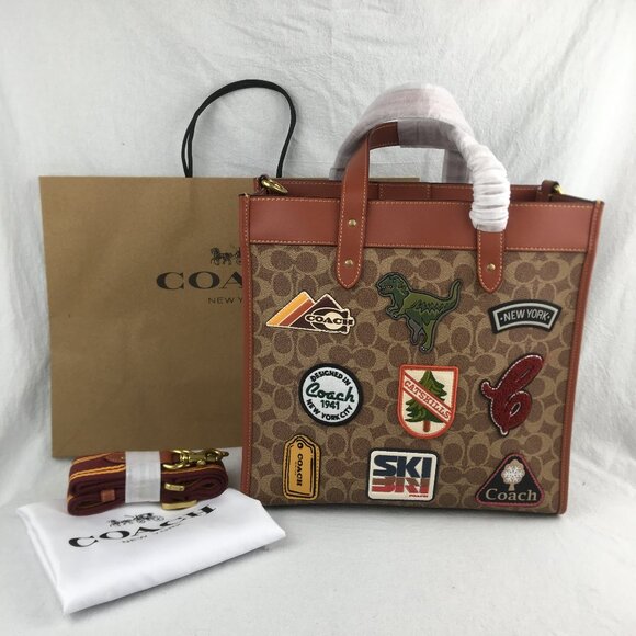 Coach Handbags - Coach Field Tote In Signature Canvas With Patches
